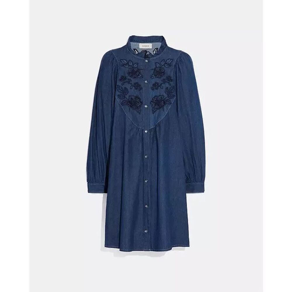 Coach Embroidered Denim Mini Shirt Dress Size 4 Made in Italy